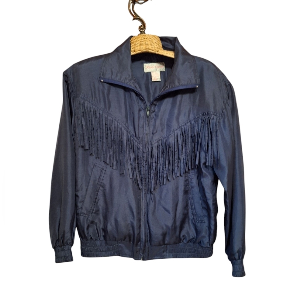 Vintage 90's 100% Silk Navy Blue Full Zip Fringed Jacket Ladies PS Old Money